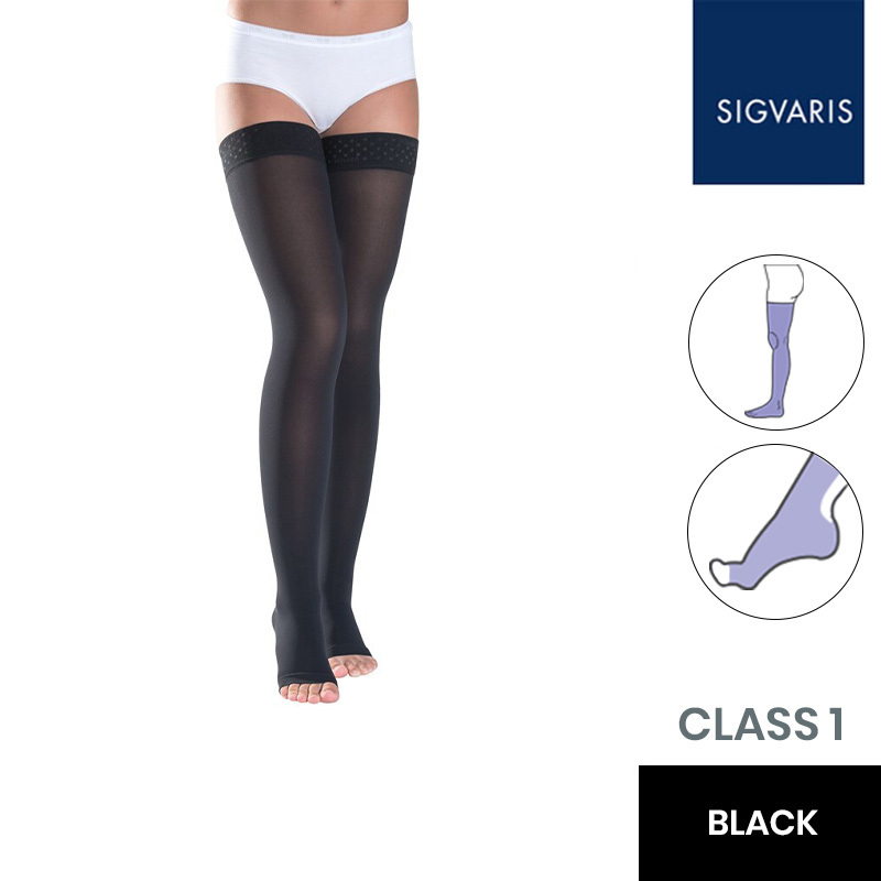 Sigvaris Style Semitransparent Class 2 Thigh Black Compression Stockings With Knobbed Grip and Open Toe